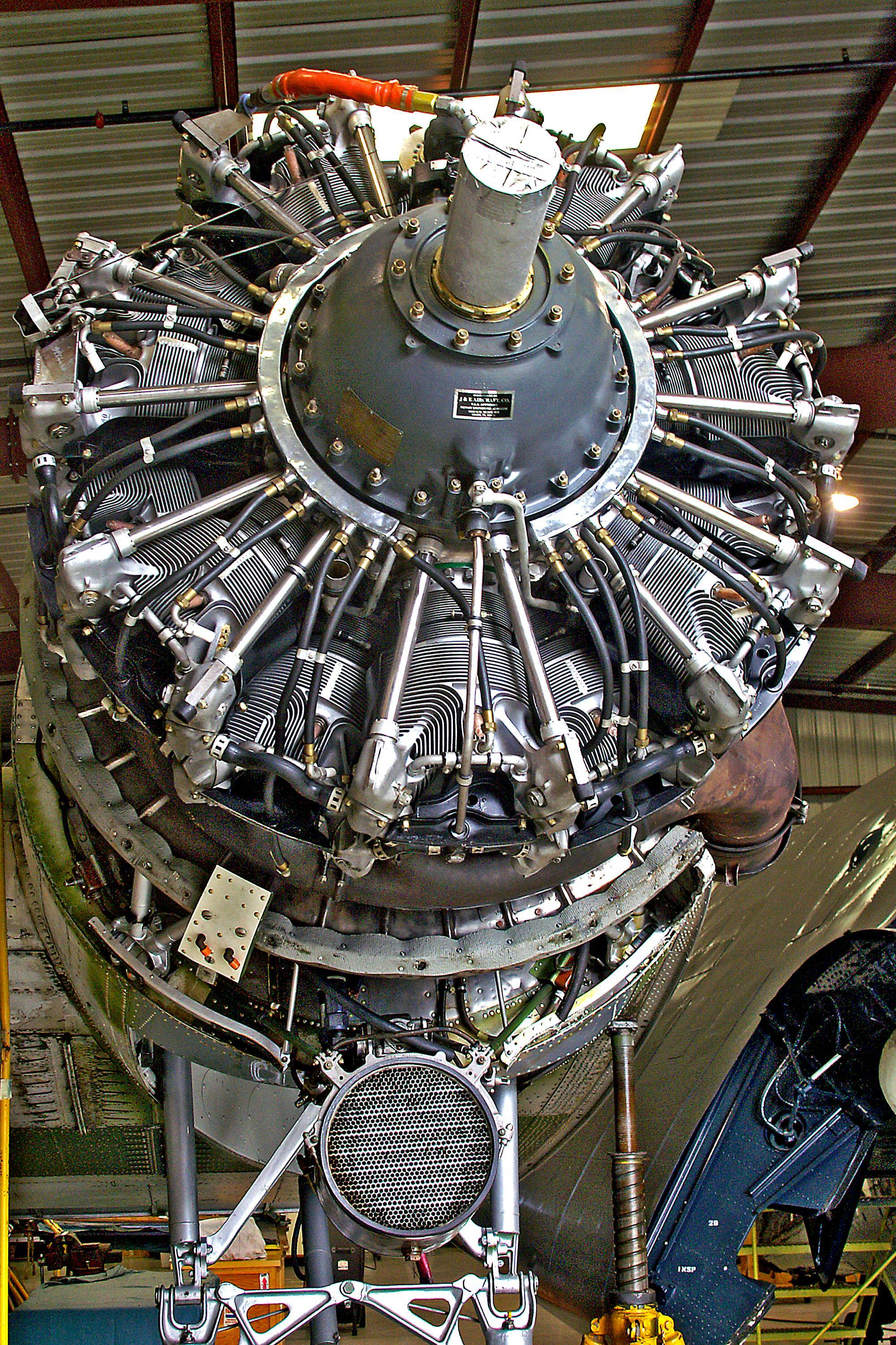 Close-up aircraft engine in a hangar